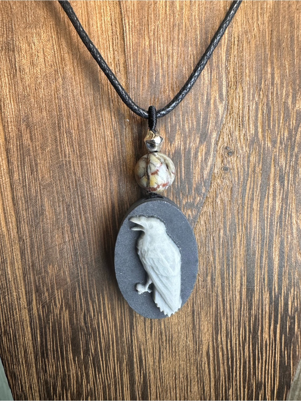 Handcrafted Tai Chi Stone Raven Pendant Necklace on Black Rope - Picture 6 of 11